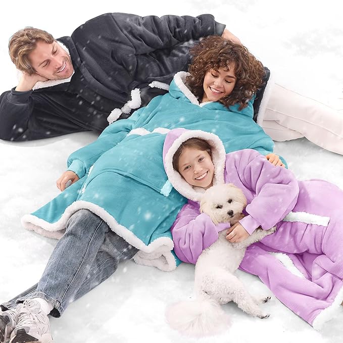 JOYWOO Turquoise Teal Oversized Wearable Blanket Hoodie,Cat lovers Long Hoodie Blanket for Adult,Birthday Gifts for Women Men Mom,Cozy Sherpa Hooded Blanket Giant Pocket Winter Gifts,Teal Oversize