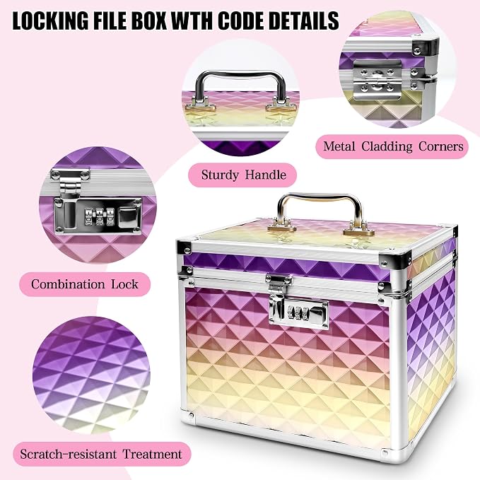 Medication Combination Lock Boxes with Code for Personal Items, Medicine Lockbox for Documents 10 x 7.25 x 7.75 Inches Rainbow Plaid Gold Purple