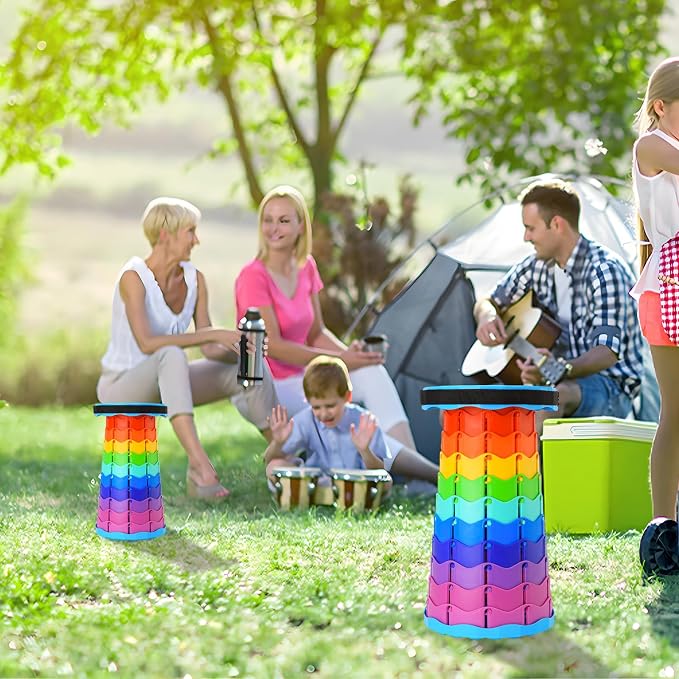 Doseno Collapsible Stool, Portable Stool, Collapsible Seat, Rainbow Color | Portable collapsible stool, 2.4 to 17.5 in retractable height. Foldable stool for fishing, hiking, BBQ and outdoor use.