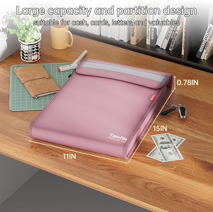6400℉ Fireproof Document Bag, 15”x 11” Waterproof Document Organizer, Pink | Fireproof Money Bag, 2 Pockets,Safe Important Document Organizer for A4 A5 Legal Letter Size, Valuables, Legal Documents