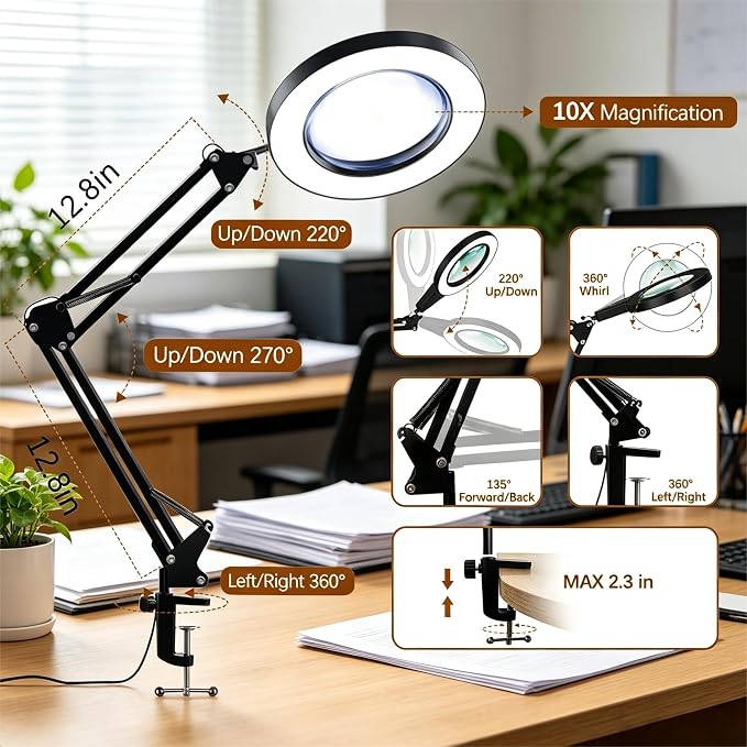 10X Magnifying Glass with Light and Clamp, Magnifier with Light Hands Free3 Color Modes Stepless Dimmable, 72 LEDs Real Glass Lens Magnifying Lamp for Close Work, Repair, Reading, Craft