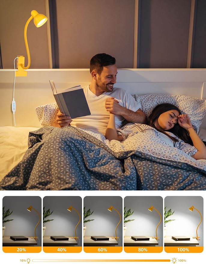 LiFMIRA Desk Lamp Clip on Lamp for Bed, LED Reading Light for Bed Yellow | 3 Colors 10 Dimmable Brightness, LED Book Light for Reading in Bed Flexible Clip on Light Clamp Lamp for Bed Headboard Desk