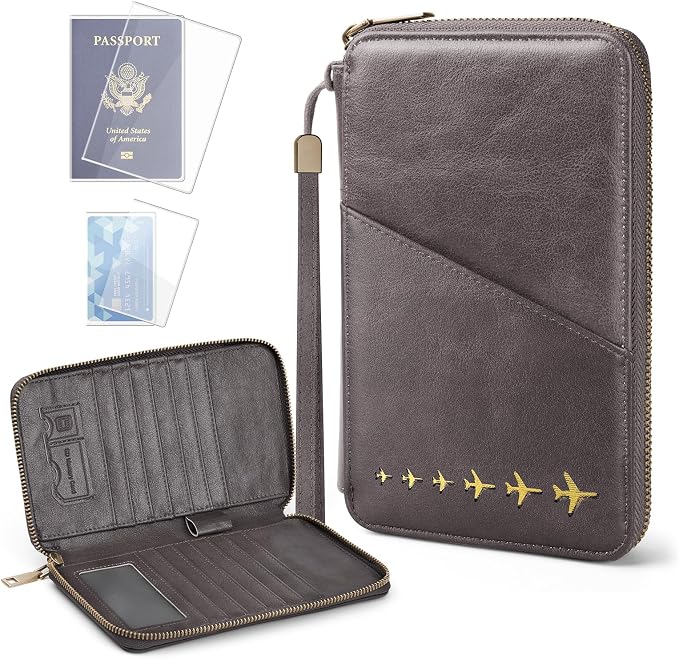 Family Passport Holder for 4 Travel RFID Blocking Passport Holder | With Clear Passport Cover, Anti-Theft, PU Material, Travel Document Organizer, Grey