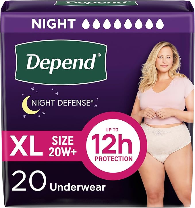 Depend Night Defense Adult Diapers, Incontinence & Postpartum Bladder Leak Underwear for Women, Disposable, Overnight, Extra-Large, Blush, 20 Count, Packaging May Vary