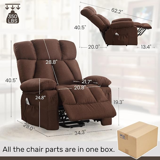 Power Lift Recliner Chair for Elderly, Big and Tall Lift Chair with Massage and Heat for Living Room, Fabric Electric Recliner Chairs with 4 Side Pockets, USB Charge Port,Brown