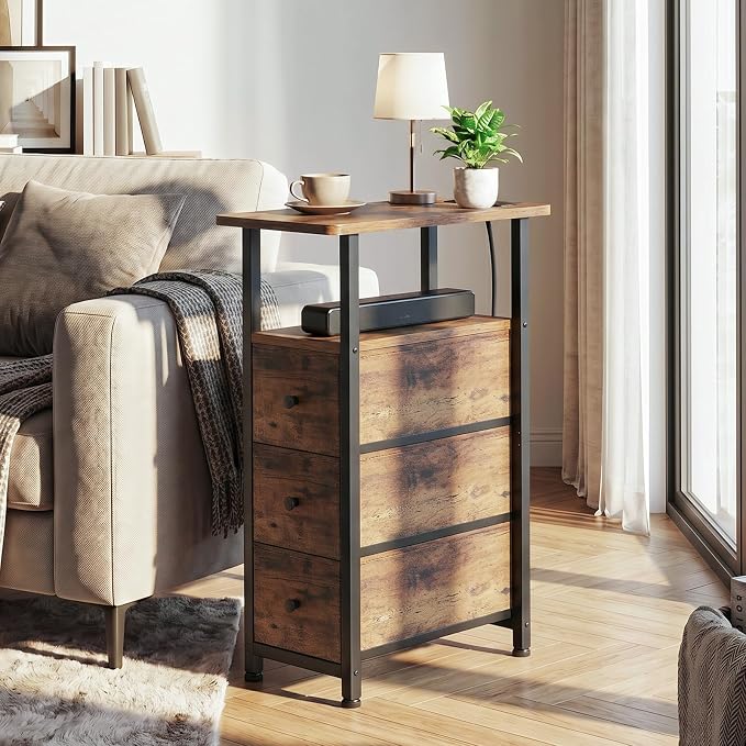 Narrow End Table with Charging Station, Small Nightstand | Skinny Side Tables Living Room with 3 Fabric Drawers, Slim Bedside Table for Bedroom, Small Spaces, Couch, Brown