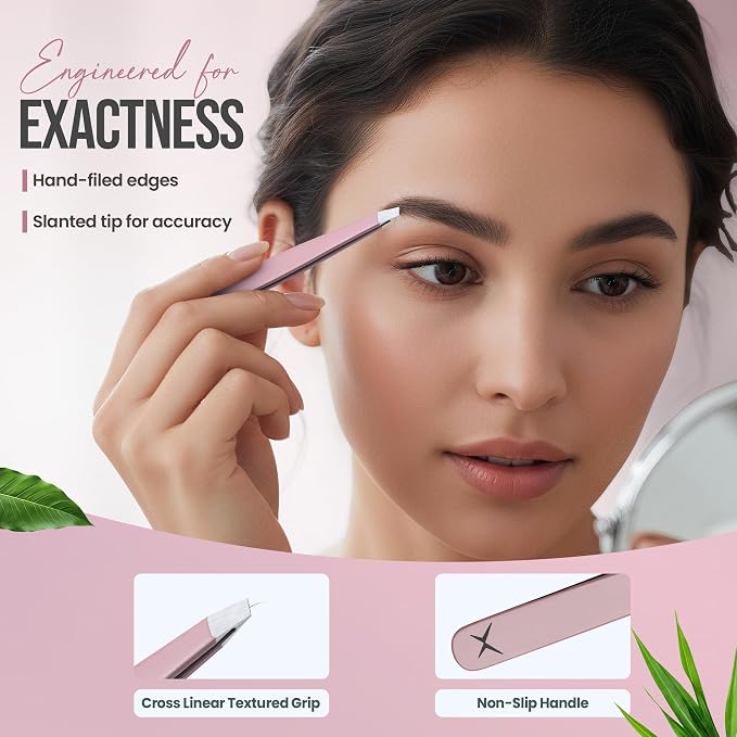 Professional Slant Tip Tweezers - Precision Stainless Steel Eyebrow Plucking Tool for Women and Men, Ingrown Hair Remover, Facial Hair Tweezers for Grooming (Rose Quartz)