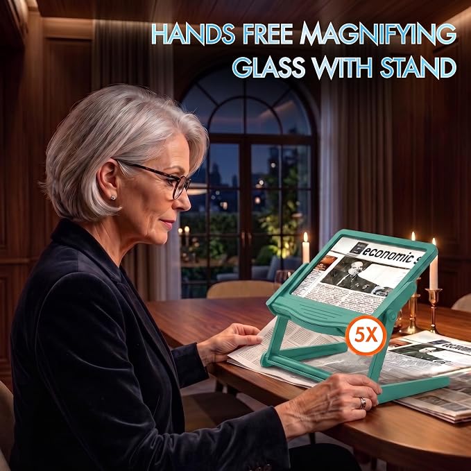 MAGNIPROS 5X Rechargeable LED Page Magnifier with Foldable Stand, Hands-Free Lighted Magnifier with 3 Color Modes, Anti-Glare Lens for Reading Small Print, Low Vision, Seniors, Crafts