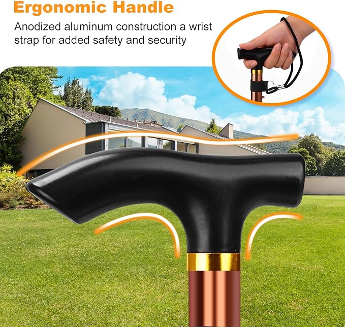 MFE Folding Cane, Portable 5-Level Adjustable Height Walking Stick with Foldable Design, Wrist Strap, and T Handle for Men and Women
