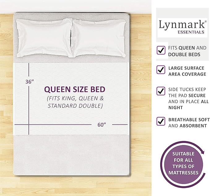 Lynmark® Washable Bed Pads - Non-Slip Waterproof Mattress Protector Underpads with Extra Long Tucks - Ultra-Absorbent Oeko-Tex Certified Cotton Incontinence Pad for Bedwetting - Queen (36" x 60"),