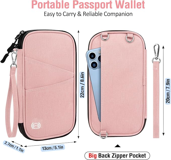 BKNOOU Family Passport Holder RFID Blocking Travel Document Organizer | Large Capacity (5 passports+13 cards), RFID Blocking, Air Travel Essentials, Detachable Wrist Strap and Shoulder Strap
