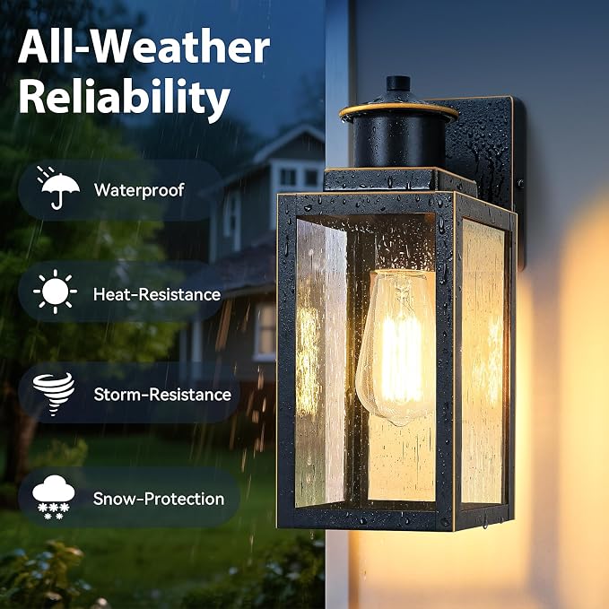 2-Pack Outdoor Wall Lights with Seeded Glass, Black with Gold Trim | Waterproof, Rust-Resistant, Durable Metal, Easy to Install, Ideal for Front Door, Garage