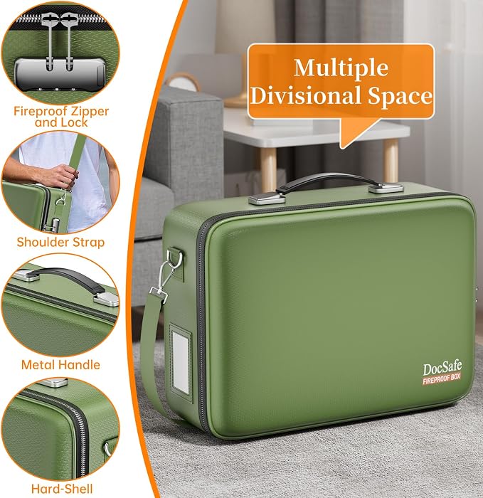 DocSafe Fireproof Document Box Hard Case with Lock ＆ Accordion File Folder | Fire and Water Resistant Safe Box,File Organizer,Multi-Pocket,Home Office Travel Storage for Important Document,Laptop,Green