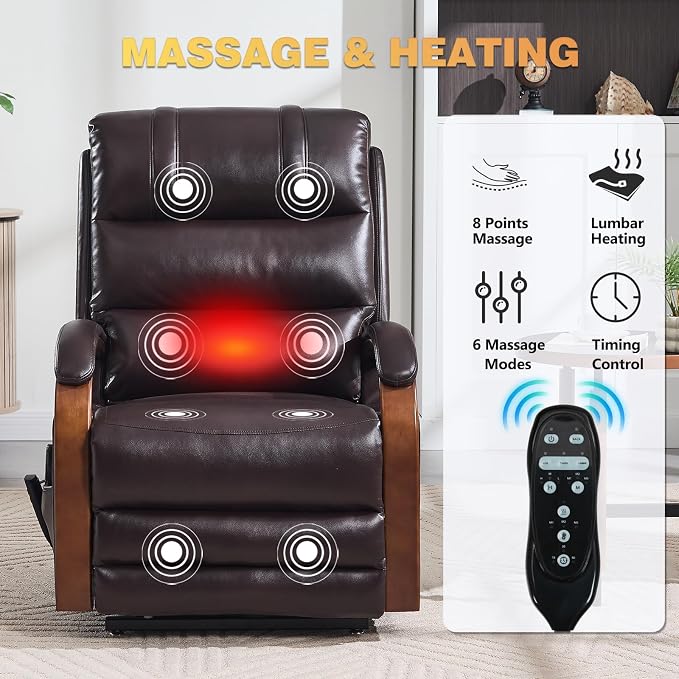 Trustyue Power Lift Recliner Chair, 180° Lay Flat Recliner, Lift Chair with Massage and Heat, Standing Assistance, Living Room Chair for Elderly People(Faux Leather Dark Brown)