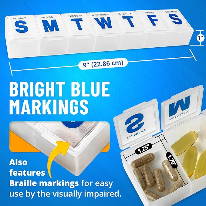 Weekly Pill Organizer - 7-Day Pill Planner Extra Large Pill Planner and Daily Pill Organizer and Medicine Reminder, Monday to Sunday Compartments - BPA Free - Travel Pill Box Case (Pack of 4)