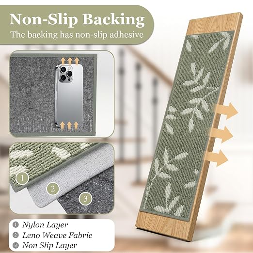 Carpet Stair Treads, Non-Slip Stair Treads for Wooden Steps Indoor | Stair Runner for Pets, Non Skid Staircase Step Treads Washable Reusable, Stair Protectors 30" x8" Set of 15, Green
