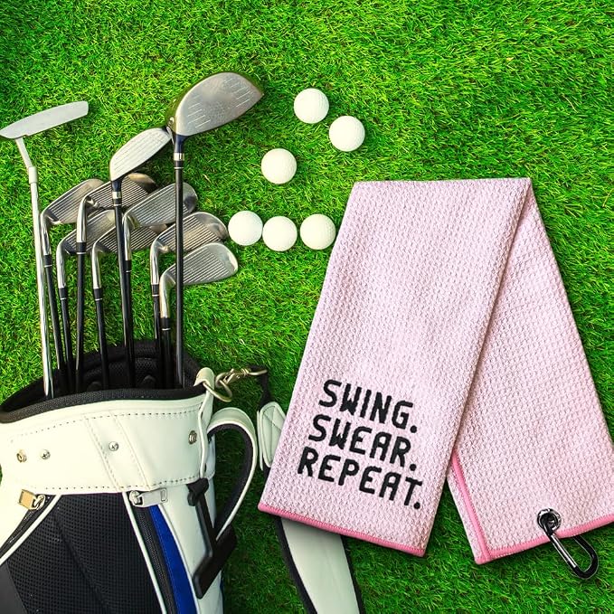 Swing Swear Repeat Embroidered Pink Golf Towel, Funny Towels for Golf Bags with Clip, Mother Day Retirement Birthday Gifts for Grandma Mom Sister Aunt Golfer Sport Lover, Ladies Golf Towel