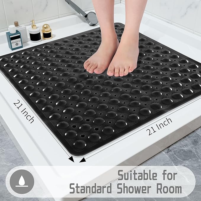 Yimobra Shower Stall Mat Non Slip, 21x21 Inch, Soft Square Bath Mat for Shower with Suction Cups and Drain Holes, Stall Floor Mats for Bathroom, Machine Washable, Bathroom Accessories, Black