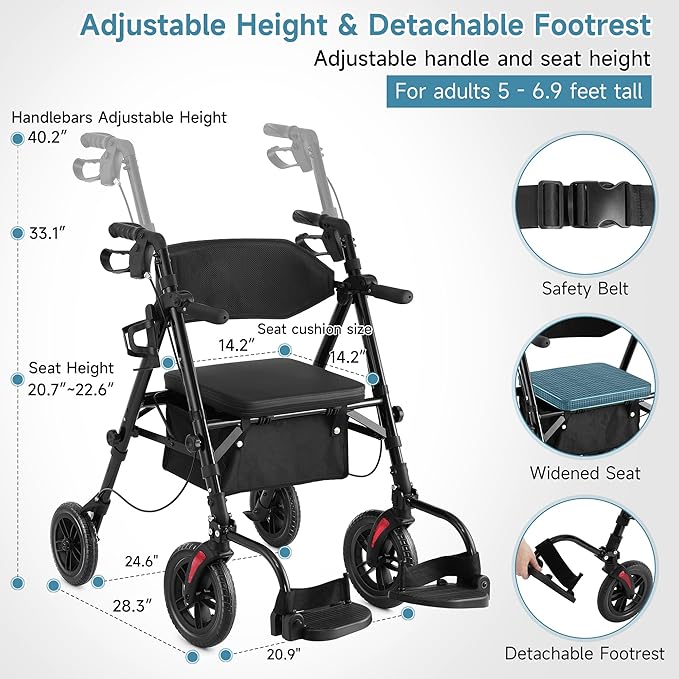 Walkers for Seniors, 2 in 1 Rollator Wheelchairs Combo 10" Big Wheels Walker with Seat, Rollator Transport Chair with Brakes Folding Rolling Walker for Adults, Black