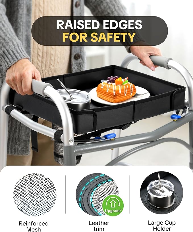Walker Tray for Folding Walker with Cup Holder, Foldable Tray | Fits 17–19" Folding Walkers with Side Bars, Easy Install, Adjustable Straps, Spill-Resistant Surface, Lightweight for Seniors