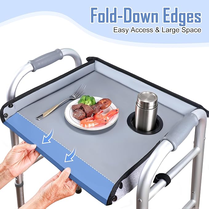 Walker Tray with Cup Holder – Universal Hard Top Walker Accessory for Seniors | Adjustable Side Panels, Waterproof & Easy to Install, With Cup Holder Keeps Drinks Stable, Universal Fit, No Tools Required