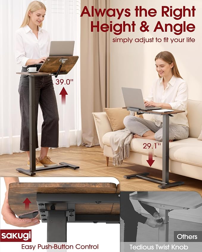 Sakugi Overbed Bedside Table with Wheels, Right-Side Tilt Top, Laptop Desk | Home & Office, Hospital Bed Table, Rolling Bed Tray, Height Adjustable, Brown,12.9" D × 27.6" W × 29.1"–39" H