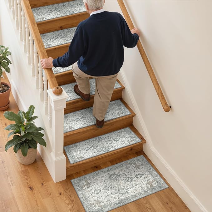 SARBEN 24"x36" Non Slip Stair Treads for Wooden Steps 1 Pack, Taupe | Peel and Stick Carpet Stair Runner with TPE Adhesive Backing, Carpet for Added Safety, Pet and Senior Friendly