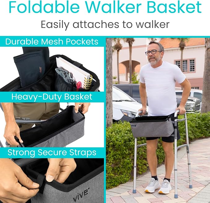 Vive Walker Basket Accessories Bag - Tray for Folding Walker with Water Cup | Holder & Pockets - Universal Large Capacity Storage Container for Seniors, Elderly - Storage Mobility Aid Pouch (Gray)