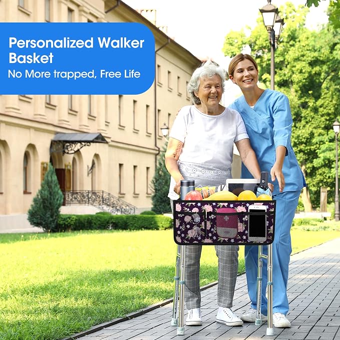 Dotday Upgraded Walker Basket with Cup Holder, Foldable Walker Bag | Basket for Walker for Senior, Walker Accessories for Folding Walker, Large Capacity, Never Tipping Over, Not Fit for Rollator