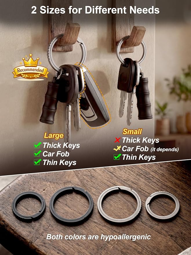 Titanium Key Rings Heavy Duty Easy Open Split Key Chain Rings | Side Push, No Nail Damage, Hypoallergenic, Anti-Slip Ultra Lightweight EDC Bulk Keyrings for Car Key Fob, Gift for Men Women
