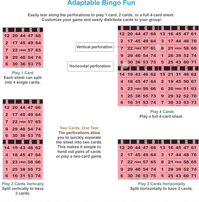 100 Bingo Cards, Large 4.5 x 4.5 Inch, Pink, Paper Bingo Sheets | 8 Color Options, Premium Cardstock, Disposable with Daubers or Reusable with Chips — Proudly Made in USA
