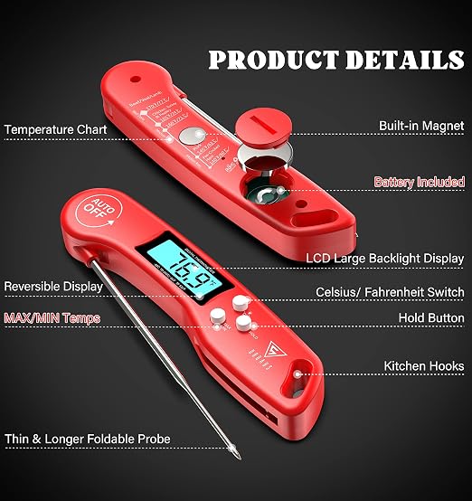 DOQAUS Digital Meat Thermometer, 2 Pack Instant Read Food Thermometer for Cooking, Kitchen Probe with Backlit & Reversible Display, Cooking Temperature for Turkey, Bread, Baking, Sourdough