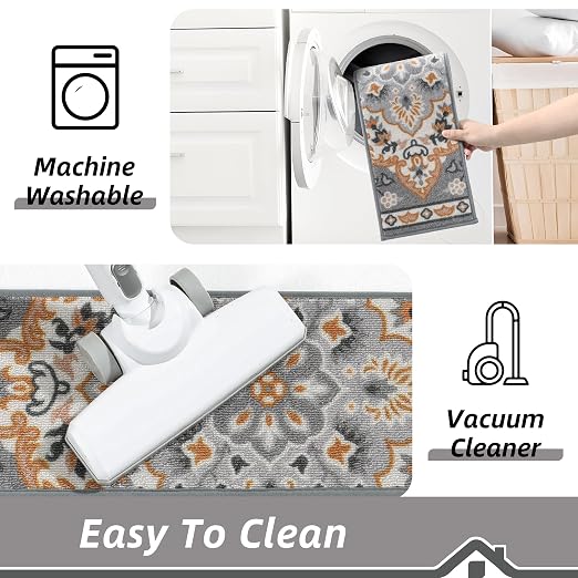 BEQHAUSE Stair Treads for Wooden Steps, 8"X30", 4pcs, Grey/Orange | Non-Slip Machine Washable Carpet Stair Treads, TPE Backing, 100% Polyester, Soft Indoor Stair Runner for Kids Elders and Pets