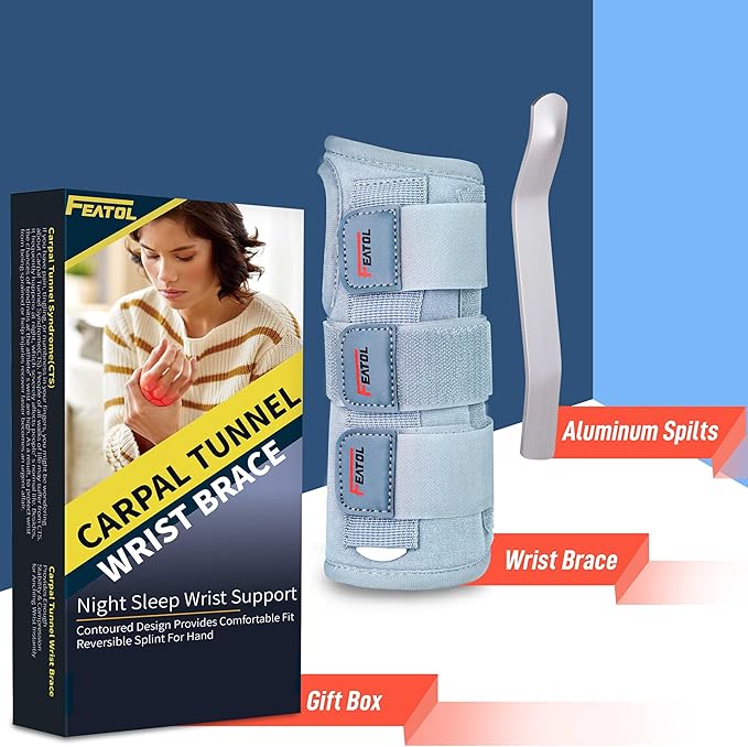 FEATOL Carpal Tunnel Wrist Brace Night Support- Pain Relief Tendonitis, Sprained，Arthritis, Carpal Tunnel Syndrome -Metal Splint Stabilizer With Hand Brace -FOR Sleeping Work Women Men -Left(S/M)