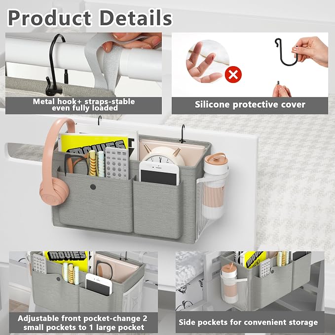 Bedside Caddy Bedside Storage Hanging Organizer for Bunk Dorm Bed Rail | Bed Caddy with Hooks, Top Bunks and Dorm Essentials for Water, Tissues, Tablets, Books, Phones, Remotes and Other Necessories