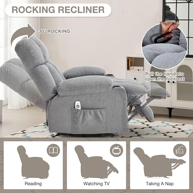 Massage Rocker Recliner Chair with Heat and Vibration Ergonomic Rocking Lounge Chair for Living Room Comfy Overstuffed Recliner with 4 Side Pockets,2 Cup Holders, USB Charge Port, Grey