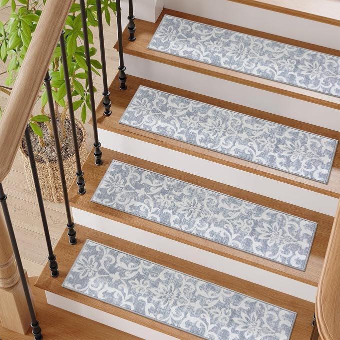 Lahome Carpet Stair Treads Non Slip Backing, 15 Pack 8" X 30" Stair Treads for Wooden Steps Indoor, Soft Washable Stairway Stair Runners Oriental Staircase Rugs for Kids Pets Elders(15pc, Grey)