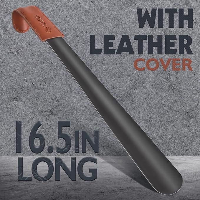 ZOMAKE Shoe Horn Long Handle for Seniors Men Women,Metal Long Shoehorn for Boots,16.5" Shoe Spoon Helper(Brown Handle)