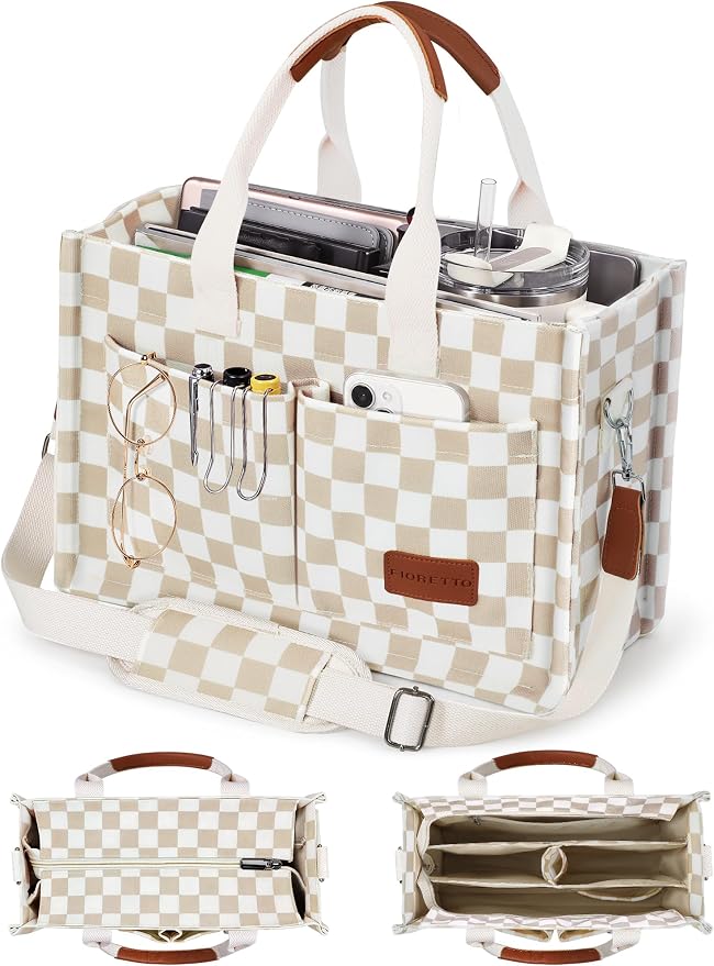 FIORETTO Canvas Tote Bag for Women with Zipper Closure & Individual Compartments for Work College for Teacher & Nurse