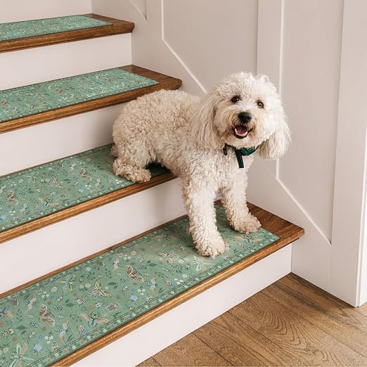 OJIA Insect Non-Slip Stair Treads for Wooden Steps 4PC 30"X8" Stair Runners | Indoor Anti-Slip Stair Rugs Safety Mats for Dogs, Kids & Elders, Rubber Backed Stair Treads Stair Covers, Green