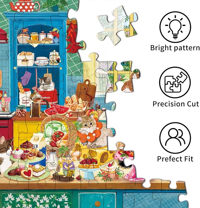 1000 piece Puzzle for Adults,Kitchen Jigsaw Puzzle 1000 Pieces for Adults,Challenging Family Games Holiday Party Gifts -1:1 Poster Interlock Perfectly Letter on Back-Cat Kitchen