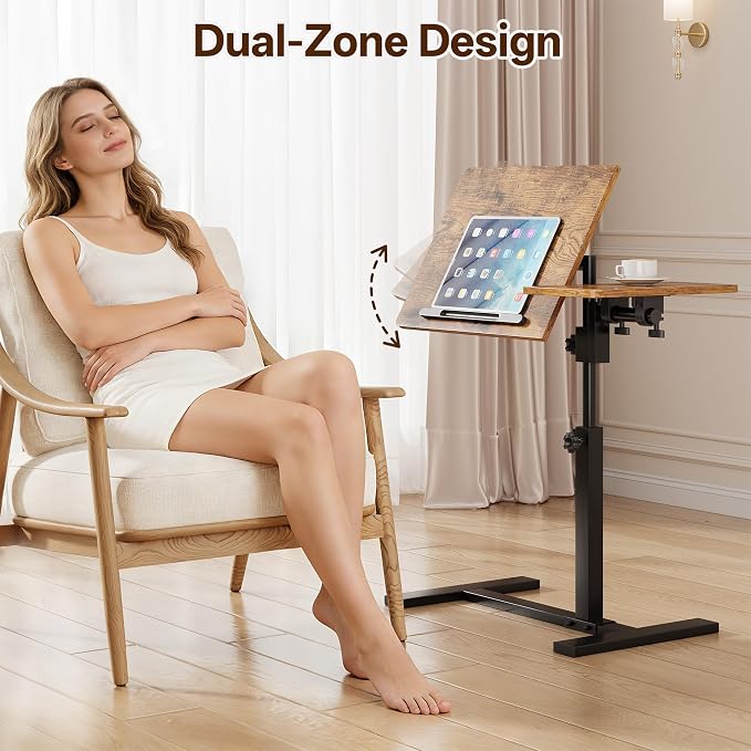 Overbed Table with Wheels Rolling, Adjustable Mobile Bedside Desk | Flip-Top, Laptop Table, C Shaped End Side Table for Couch, Sofa, Bed, Recliner and Home Use, Large Brown