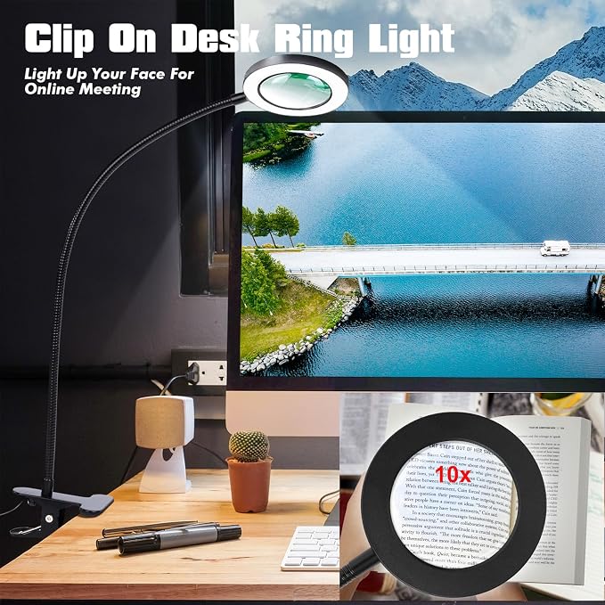 Magnifying Glasses with Light, 10x Clip on Desk Lamp with Magnifier | 3 Color Modes with 10 Brightness Levels, Flexible Gooseneck LED Eye-Caring Craft Light for Home Office Reading Study