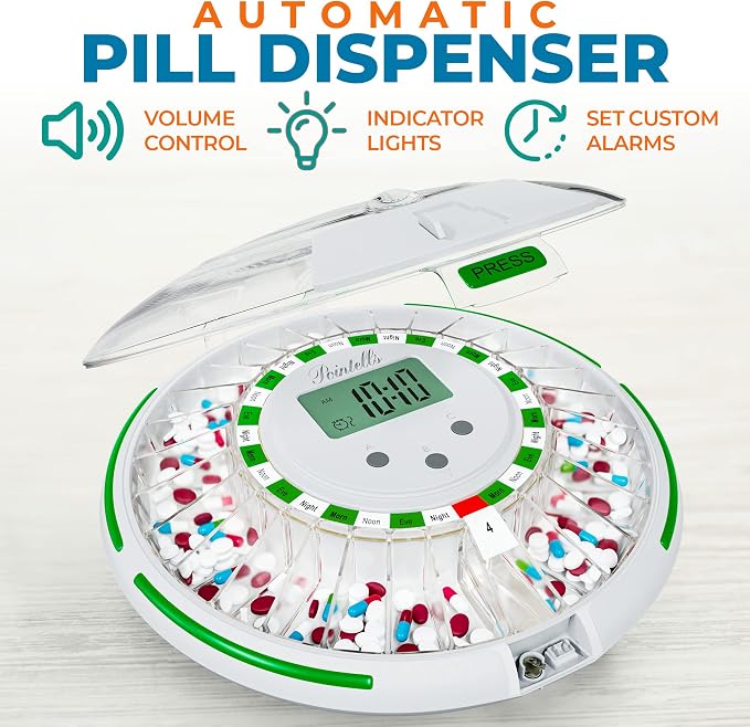 Automatic Pill Dispenser with Sound Alarm for Timed Medicine Organizer - 28 Day Pill Dispenser Machine for Elderly with Alarm, Sound, Light - Timed Medication Dispenser Organizers