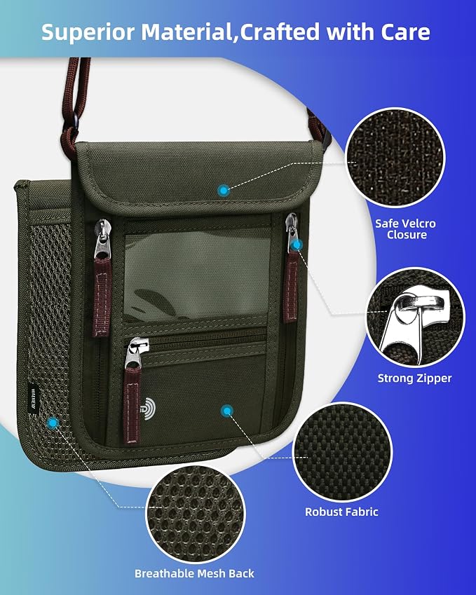 WALNEW Passport Holder Neck Pouch Travel Wallet for Women and Men, RFID Blocking Security Slim Traveling Wallet with Around Neck Lanyard Strap, Army Green | Around Neck Lanyard Strap, Travel Safety Anti Theft Bag, Neck Wallet for Traveling Women Men