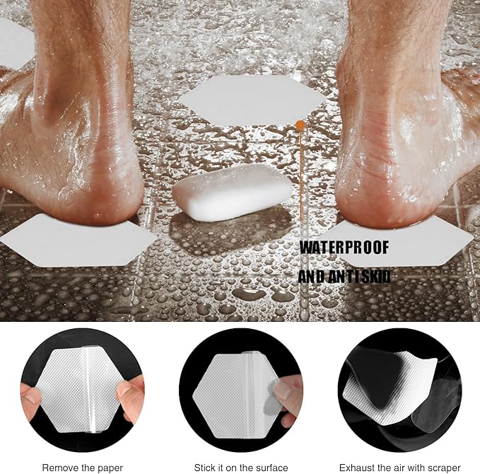 Bathtub Stickers Non-Slip, 12 PCS White Hexagon Safety Shower Treads Adhesive Appliques with Premium Scraper