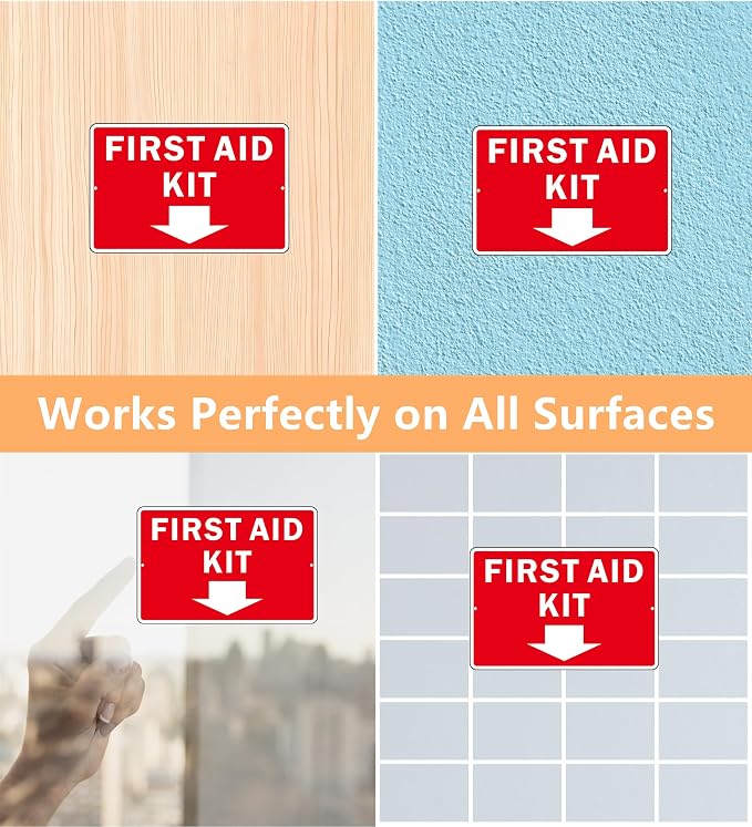 First Aid Sign, (2 Pack) Self Adhesive First Aid Kit Sign for Wall, Aluminum Metal Signs With 2 Pre-drilled Holes (9 x 6 inches, Red/White)