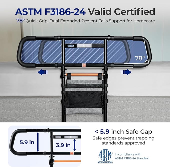 C5 Pro Bed Rails for Elderly Adults Safety - Foldable Bed Assist Rail with Adjustable Height, Bed Cane with Non-Slip Wider Handrail, Motion Sensor Light Fits King Queen Twin Beds