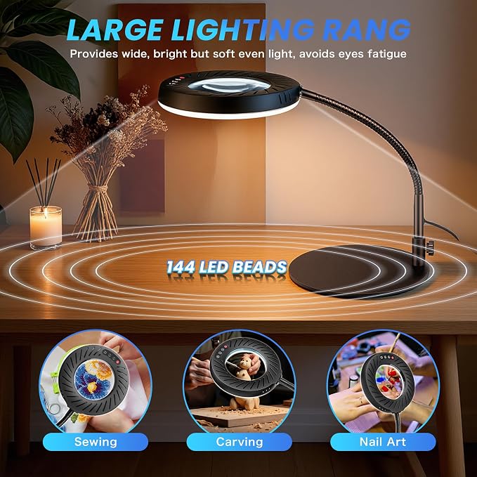 Akynite 12X Magnifying Glass with Light and Stand,5 Color 9 Levels Dimmable | Hands Free, Flexible Gooseneck, USB, with Adapter, Dual Base, 144 LED, Real Glass Magnifier Desk Lamp for Craft Close Work