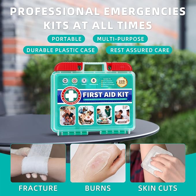 SuccorWare 225 Pieces First Aid Kit, Includes Ice Pack, Adhesive Bandages, Wound Gauze Pads, Portable First Aid Bag for Home, Car, Business, Travel, Outdoor Emergency Medical Kits